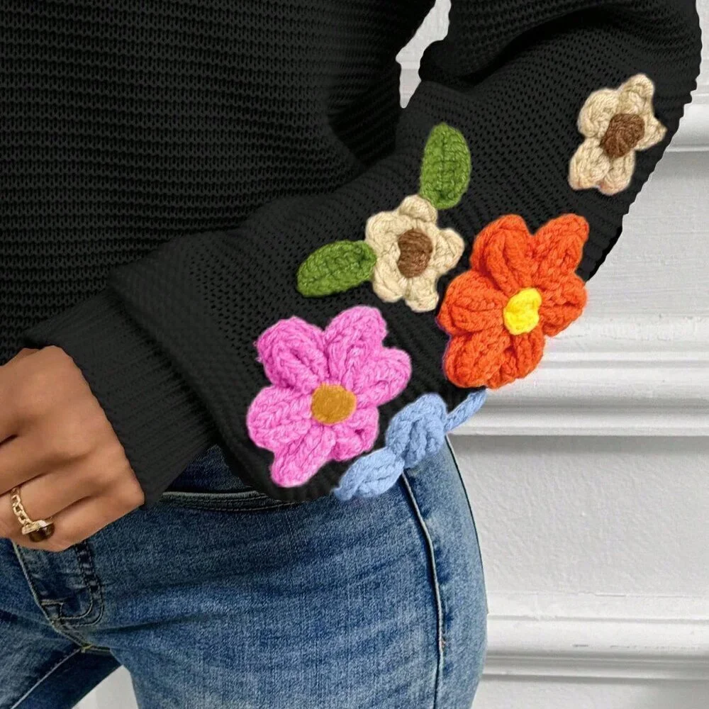 Black Casual Women's V-Neck Crochet Lantern Sleeve Pullover Sweater
